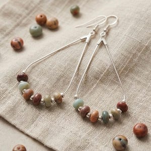 Hoop Earrings, Boho Style Teardrop Earrings, jasper healing stone earrings, silver, semi precious jasper beads,Boho Dangle Earrings,