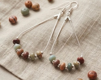 Hoop Earrings, Boho Style Teardrop Earrings, jasper healing stone earrings, silver, semi precious jasper beads,Boho Dangle Earrings,