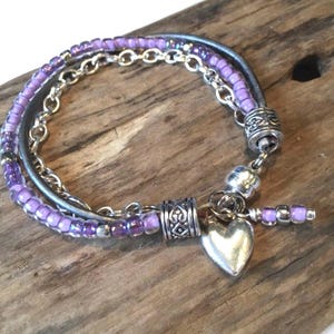 Pulseira Boho, Pulseira Boho de Couro com Contas, Lavanda, Roxo, Prata com Corrente, Escolha seu Pingente, Estilo Delicado, Presente para Ela