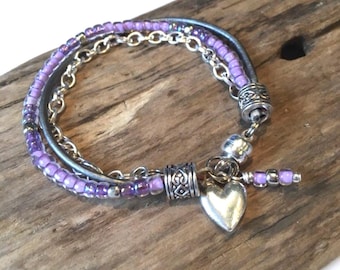 Boho Bracelet, Beaded Leather Boho Wrap, Lavender, Purple, silver with Chain, Choose your charm, Delicate Style, Gift for Her
