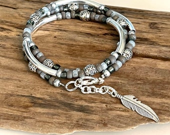 Pulsera envolvente estilo boho, pulsera envolvente tubular con cuentas, pulsera envolvente plateada/gris, pulsera envolvente con cuentas, estilo tibetano/collar de regalo para mamá o hija.