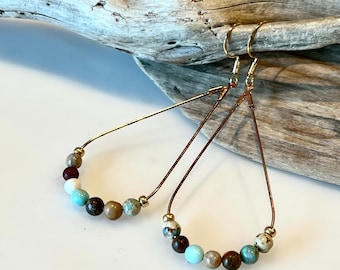 Hoop Earrings, Boho Style Teardrop Earrings, Gold, jasper stones, semi precious jasper beads,Boho Dangle Earrings, Beach Boho Style