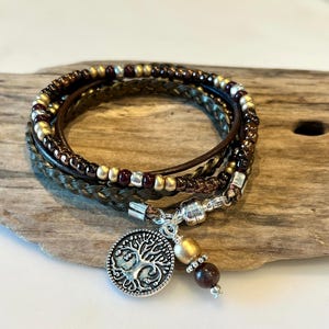 Wrap Bracelet, Beaded Boho Wrap, Braided Leather, Czech Beads, Bronze, Brown, Gold, Copper, Double Wrap, Custom, Charm