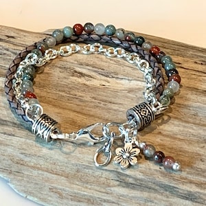 Beaded Boho Bracelet, Blood stone Jasper and Leather Beaded Bracelet, Boho Bracelet, round  jasper Single Wrap, Charm Bracelet, Custom made