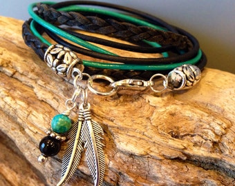 Leather Wrap Bracelet,Boho Wrap Bracelet, Zen, Christian, OM, Tree of Life, Hipster, Multi Leather Bracelet, turquoise and Black