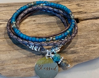 Boho Wickelarmband, Türkis, Blau, Grau, Boho Wickelarmband, Individuell, Perlen Leder Wickelarmband, Natur Leder Wickel, Inspiration Charm Armband,