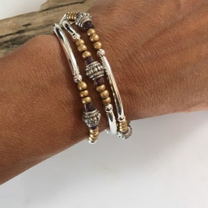 Beaded Boho Silver Tube Wrap Bracelet/ Necklace/Frosted gold Brown, 3X Multi Wrap Bracelet, Tibetan Style image 3