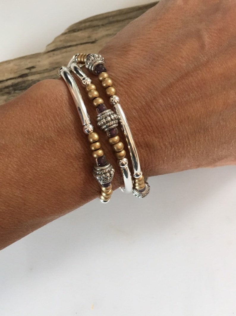 Beaded Boho Silver Tube Wrap Bracelet/ Necklace/Frosted gold Brown, 3X Multi Wrap Bracelet, Tibetan Style image 3