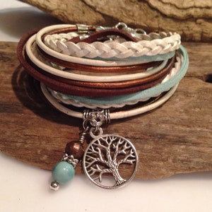 Wrap Bracelet, Leather Bracelet, Leather Wrap Bracelet, Cuff Bracelet,Christian,Charms, Yoga, Tree of Life, White, Copper, Blue, Brown