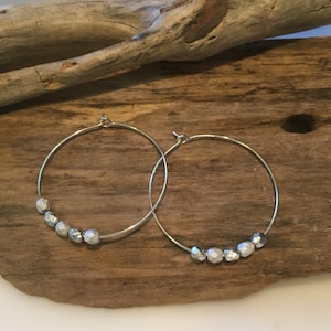 Silver Beaded Hoop Earrings, 1 1/2 inch Frosted matte, shiny silver beads, Classic Style Hoop Earrings, stylish earrings, Boho Silver