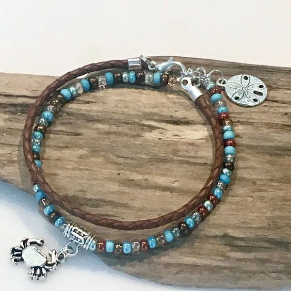 Ankle Bracelet, Beach Wrap, Boho Beach Style, Ocean Blue, copper, Brown Anklet, Crab, Sand dollar Charm Bracelet, Choose your charm!