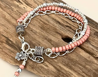 Beaded Wrap Bracelet, Pink Beaded Boho Bracelet with Chain, Pastel/Pink Silver Wrap Bracelet, Charm Bracelet, Gift For Her, Custom