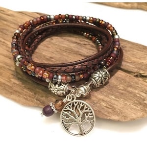 Bracelet en cuir marron, pile, bracelet bohème, bracelet en cuir, enveloppement de perles, style bohème, bracelet à breloques, bordeaux, prune, marron,