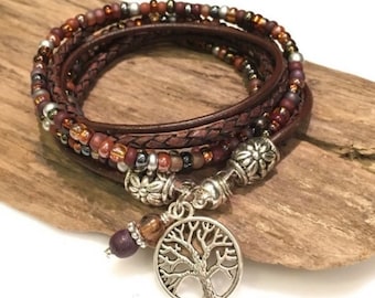 Brown leather bracelet , stack, Boho Wrap Bracelet, Leather Bracelet,  Beaded Wrap, Bohemian Style, Charm Bracelet, Burgundy, Plum, Brown,