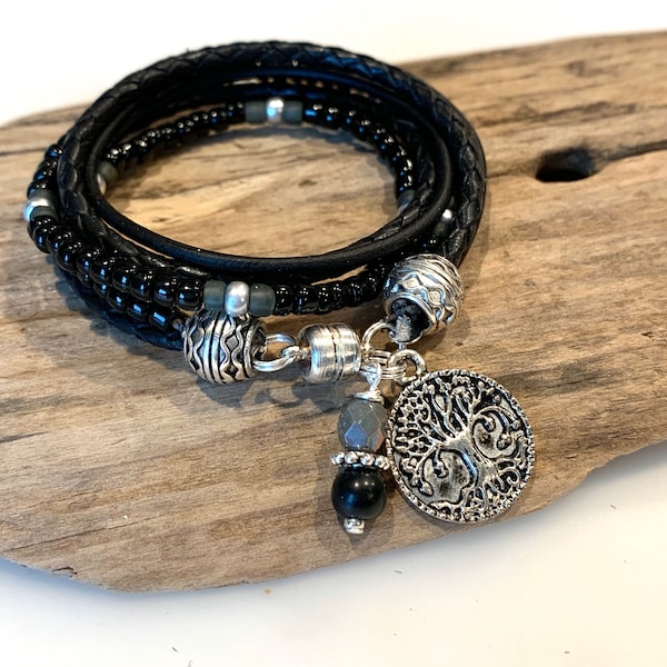 Boho Bracelet, Black, Gray Boho Wrap, Custom,Beaded Leather Wrap Bracelet, natural leather wrap, Inspirational Charm bracelet, Unisex