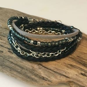 Leather Wrap Bracelet, Gray and Black Bracelet, Boho Bracelet, Boho Beaded Wrap Bracelet, Leather Wrap,Gray, Silver, Black, 2X
