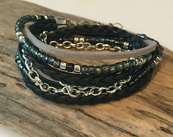 Leather Wrap Bracelet, Gray and Black Bracelet, Boho Bracelet, Boho Beaded Wrap Bracelet, Leather Wrap,Gray, Silver, Black, 2X