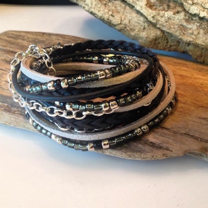 Top Seller! Boho Leather Bracelet, Leather Beaded Wrap, Unisex Wrap Bracelet, Custom Bracelet, Black, Silver, Gray, Rocker, layering