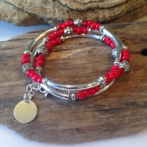 Beaded Boho Bracelet, Red and Silver Tube Wrap, Valentines Gift, Inspirational Bracelet, Boho Jewelry, Red and Silver bracelet, Pet lover