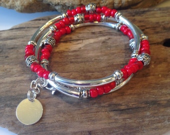 Beaded Boho Bracelet, Red and Silver Tube Wrap, Valentines Gift, Inspirational Bracelet, Boho Jewelry, Red and Silver bracelet, Pet lover