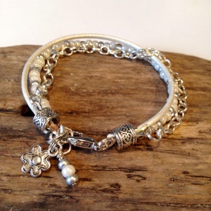 Beaded white Leather Bracelet, Beaded Boho Bracelet with Chain, Pearl White, Silver Wrap Bracelet, Charm Bracelet, Gift For Her