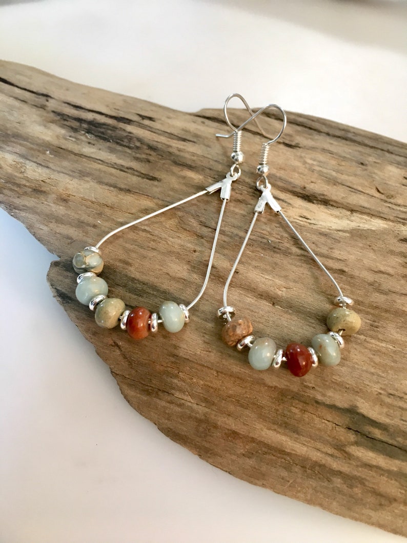 Boho Style Teardrop Earrings Beach Boho Style Hoop Earrings jasper stones and silver semi precious jasper beads,Boho Dangle Earrings