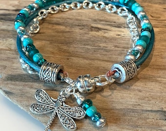 Emerald green, aqua blue,Boho Bracelet, Single Wrap, Sea foam green, silver, Seed Beads, leather wrap bracelet, Charm Bracelet, Gift for her