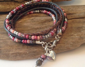 Spring Bracelet, Custom, layering Bracelet, Boho Wrap, Beaded Leather Bracelet, Inspirational, Pink and silver, Charm Bracelet, Gift for Her