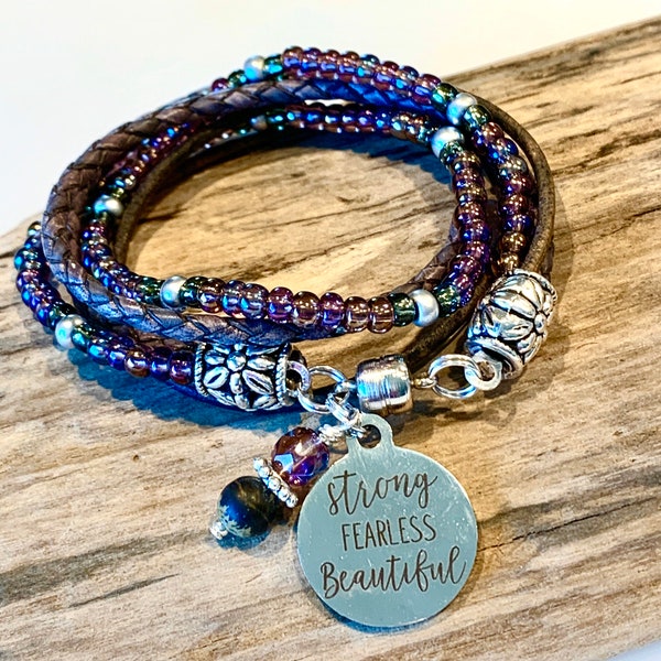 Boho Bracelet, Lavender, amethyst, gray, purple Boho Wrap, Beaded Leather Wrap Bracelet, natural leather wrap, Inspirational Charm bracelet