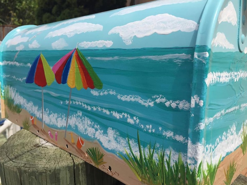 Hand painted mailbox Standard Mailbox Beach Mailbox Beach Umbrellas sandy beach and splashing waves