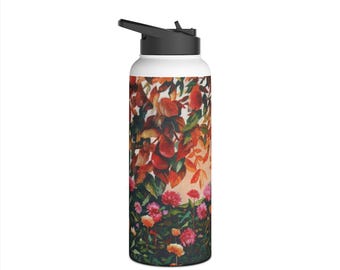 Botella de agua de acero inoxidable con diseño floral / Hidratación ecológica, taza de viaje, aventura al aire libre, regalo para amantes de la naturaleza, botella deportiva, floral