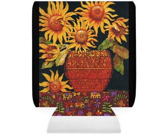 Funda para enfriador de latas con diseño de girasol vibrante, aislante floral para bebidas, accesorio para fiestas de verano, regalo para amantes de la jardinería, portavasos ecológico.
