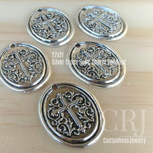 27x21mm Old World Antique Silver Tone Cross Relic Charm Pendants, wax seal style, charms, double sided design Sold individually