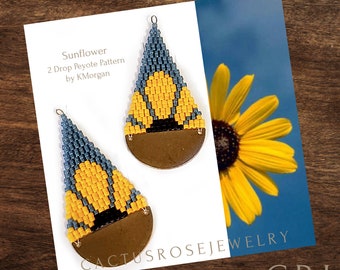 Sunflower, 2 Drop Peyote Earrings 3 Versions... Triangle (shown), Fringe, Teardrop shaped Beading Patterns