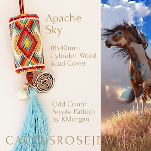 Apache Sky odd count peyote pattern for 18x40mm Cylinder wood bead, Southwestern pendant lanyard focal, Key fob charm, Fan pull.
