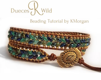 Deuces R Wild Bead Looming Tutorial 2 Versions, Leather Loom Work Country Western Bracelet Super Duo Seed Beads Wrap Bracelet Boho Chevron