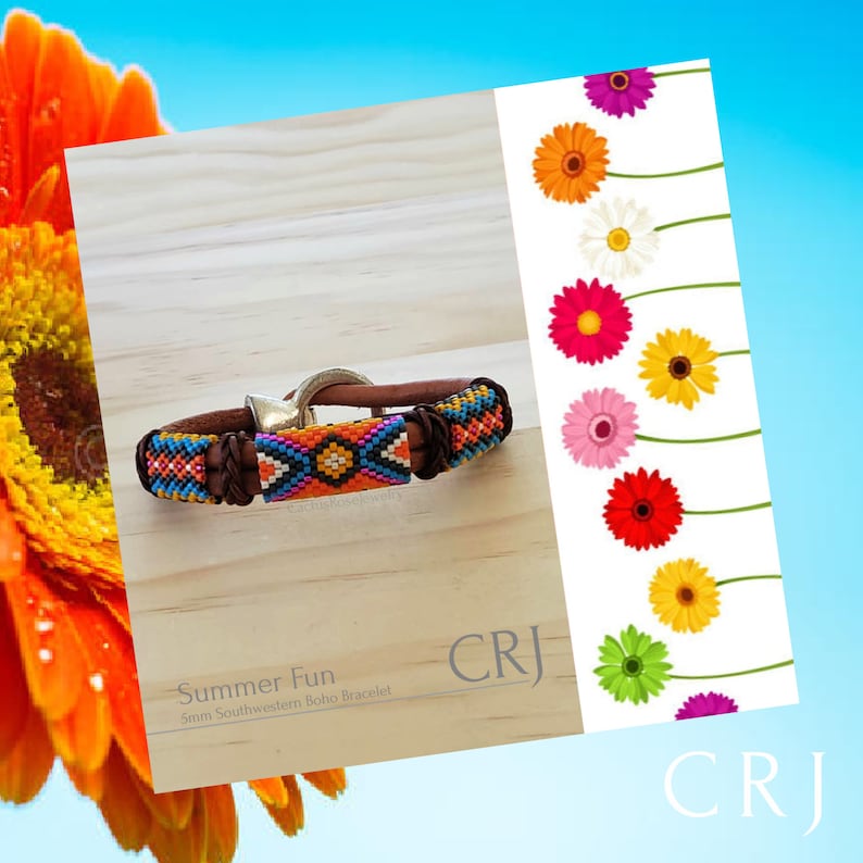 May include: A colorful beaded bracelet with a brown leather strap and a silver clasp. The bracelet has a geometric pattern in shades of blue, orange, yellow, pink, and black. The text "Summer Fun 5mm Southwestern Boho Bracelet CRJ" is visible below the bracelet.