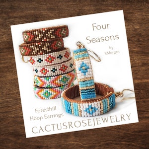 May include: Four Seasons Foresthill Hoop Earrings by KMorgan. Beaded earrings with a blue, white, and gold geometric pattern.  Cactusrosejewelry.
