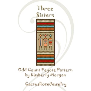 Könnte beinhalten: Three Sisters Perlenmuster für Peyotestich. Das Muster zeigt drei Figuren in Braun, Rot, Orange und Blau. Das Muster stammt von Kimberly Morgan und ist bei CactusRoseJewelry erhältlich.