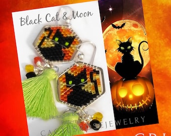 Black Cat & Moon Hexagon Bauble Pattern ONLY Halloween Charm, Bauble, Earrings, Bracelet, Pendant
