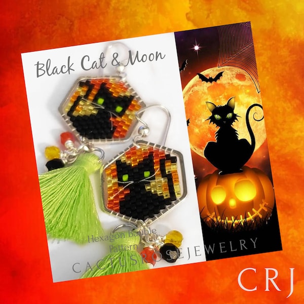 Black Cat & Moon Hexagon Bauble Pattern ONLY Halloween Charm, Bauble, Earrings, Bracelet, Pendant