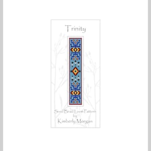 May include: A rectangular seed bead loom pattern titled "Trinity" by Kimberly Morgan. The design features a central light blue field with geometric patterns in red, yellow, and dark blue. The top of the design reads "Trinity".