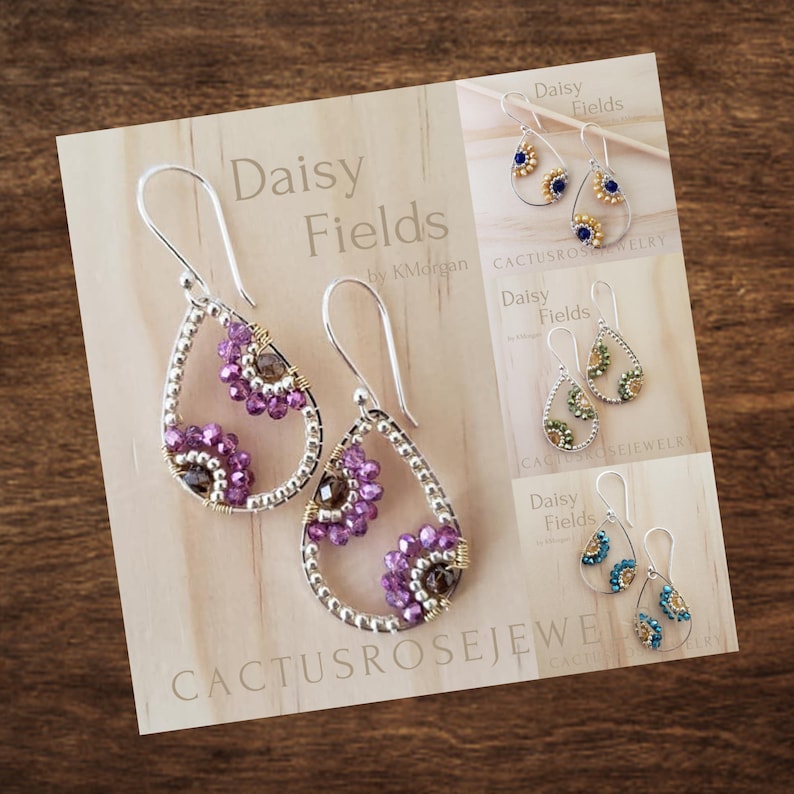 May include: A pair of silver teardrop earrings with a beaded design. The earrings are decorated with purple, brown, and gold beads. The earrings are labeled "Daisy Fields" by "Cactusrosejewelry".