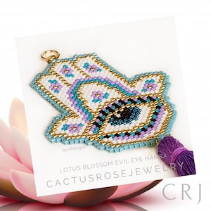 May include: Beaded Hamsa hand charm with a blue evil eye, purple tassel, and gold accents. The charm is made with colorful seed beads and has the text "LOTUS BLOSSOM EVIL EYE HAMSA CACTUSROSEJEWELRY CRJ" at the bottom.