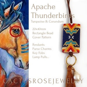 May include: A beaded pendant with a turquoise and corundum design. The pendant is rectangular and measures 20mm by 40mm. The beadwork features a geometric pattern with a blue background and yellow, orange, and white accents. The pendant is attached to a brown leather cord with a gold-colored tassel and a pearl charm.