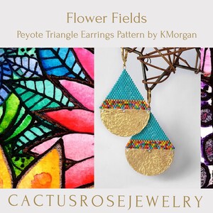 May include: Teal beaded triangle earrings with gold-colored hammered metal half-circles. The earrings are part of the "Flower Fields" collection, designed by KMorgan, and are from Cactus Rose Jewelry.
