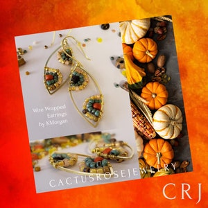 May include: Wire wrapped earrings with turquoise, orange, and gold beads. The earrings are shaped like teardrops and are hanging from gold hooks. The earrings are on a white background. The text "Wire Wrapped Earrings by KMorgan" is below the earrings. The text "Cactusrosejewelry CRJ" is below the earrings.