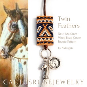 Twin Feathers, New 20x40mm Rectangle wood bead cover, Odd Count Peyote Bead Cover Pattern