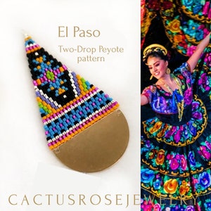 May include: El Paso Two-Drop Peyote pattern beaded earrings with a gold metal backing. The earrings are colourful and feature a geometric design.