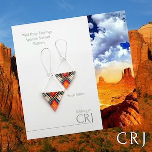 May include: A pair of silver earrings with triangular beaded pendants. The beads are in a geometric pattern of orange, red, white, blue, and black. The earrings are labeled "Wild Pony Earrings Apache Sunset Pattern" and "Brick Stitch".